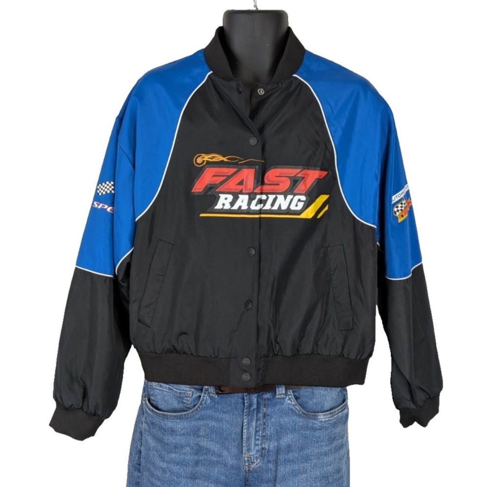 Aeropostale Fast Racing Automotive Speed Bomber Jacket Blue Black Medium